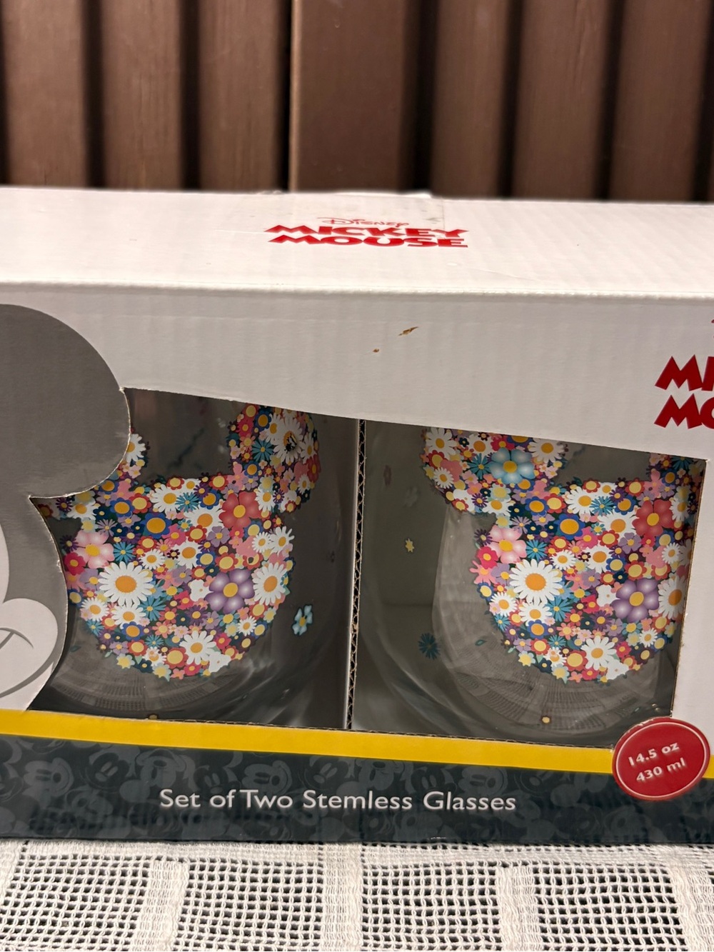 Mickey Mouse Stemless Wine Glasses Jerry Leigh Multicolored Floral Set of 2